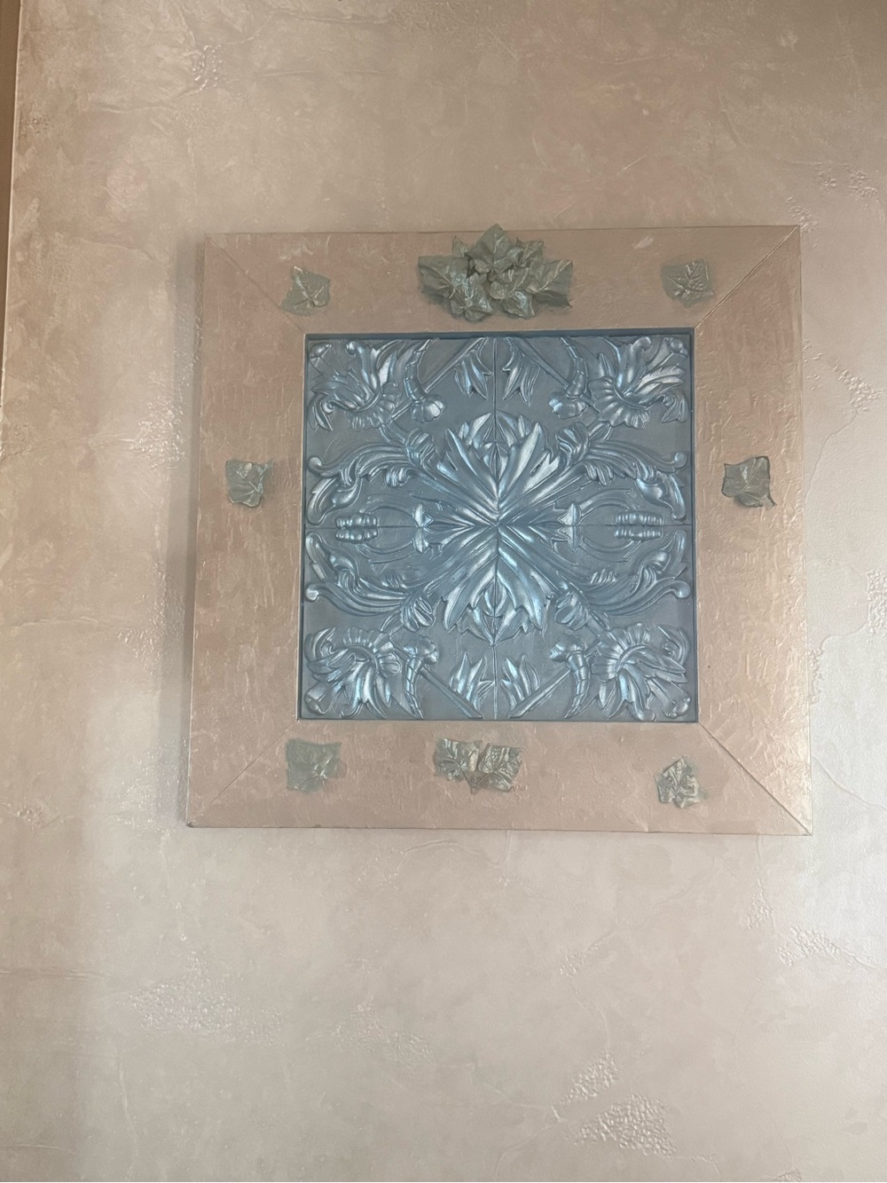 Decorative Wall Plaque with Blue Center and Beige Frame